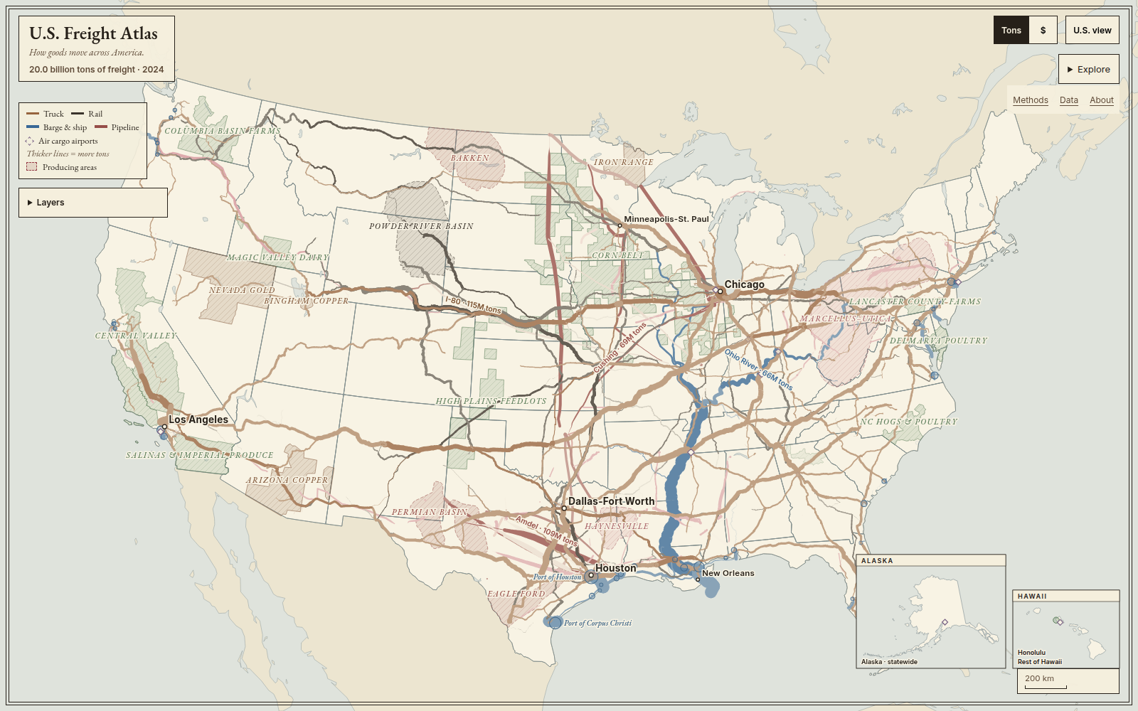 The Freight Atlas: national freight flows by truck, rail, water and pipeline drawn on a paper-style map of the United States