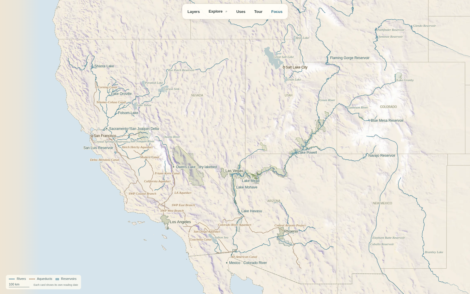 The Western Water Atlas: rivers, reservoirs and aqueducts of the Colorado River basin and California on a pastel relief map